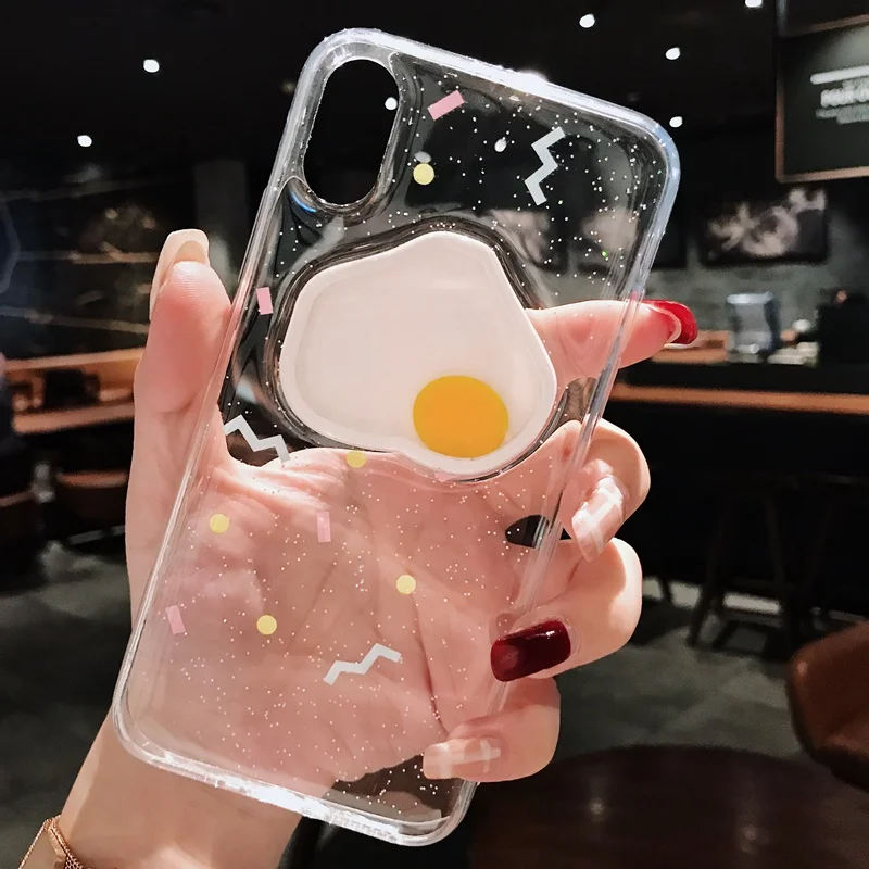 Funny Moving Fried Egg Transparent Glitter Cover for iPhone XS Max XR Soft Silicon Case Funda 6S 7 8 Plus Capa Hoesje |