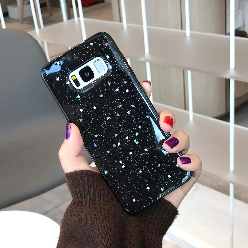 Прозрачный блестящий чехол со звездами для Samsung S7 edge S8 S9 Plus Note 8 мягкий из ТПУ iphone XS