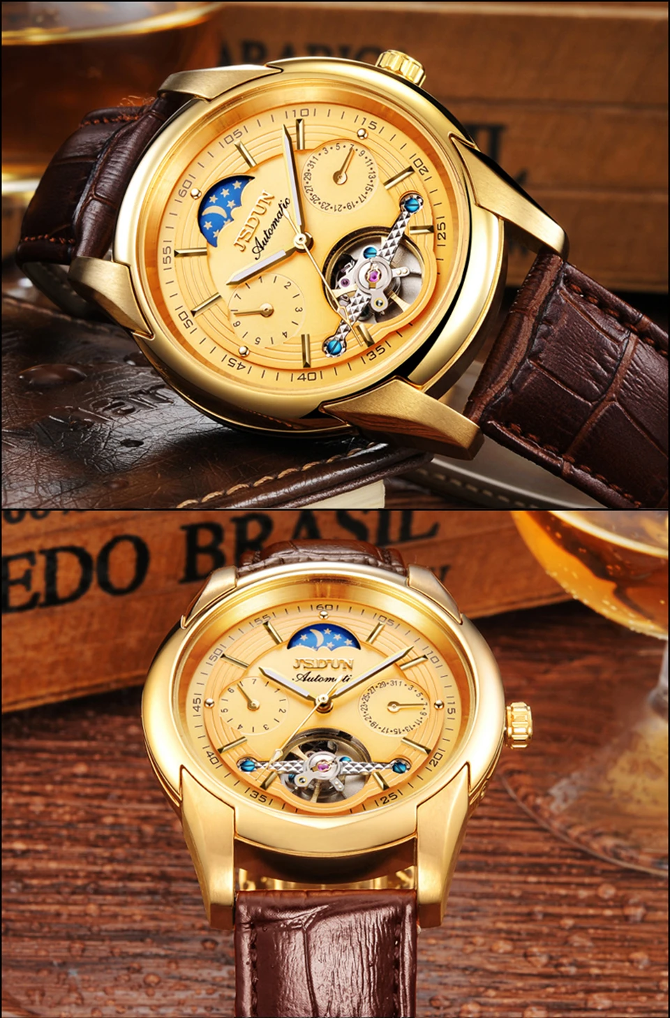 Автоматические механические часы мужские кожаные JSDUN Moon phase Мужские s часы лучший бренд класса люкс классические бизнес золотые мужские наручные часы Новые