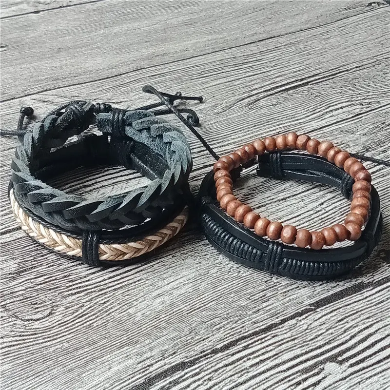 Модный мужской коричневый кожаный браслет ручной работы 4 шт./компл. мужские и