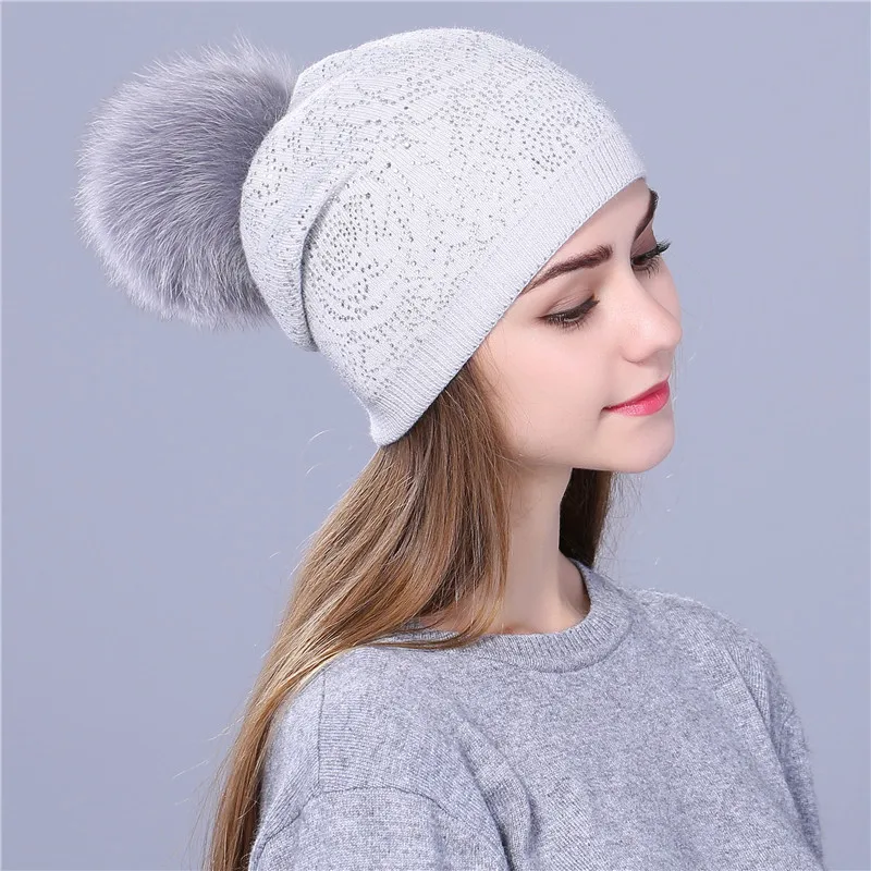 c light gray Xthree новые Стразы зимняя женская шапка для девочек теплая шерстяная вязаная шапочка Skullie натуральный мех Pom Gorro женская шапка - Цвет: c light gray