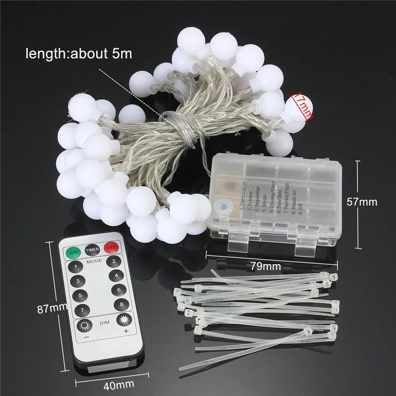 Jiguoor Remote Timer Waterproof 5M 50 LED Globe String Lights 8 Modes Battery Operated Frosted White Ball Fairy Christmas Light