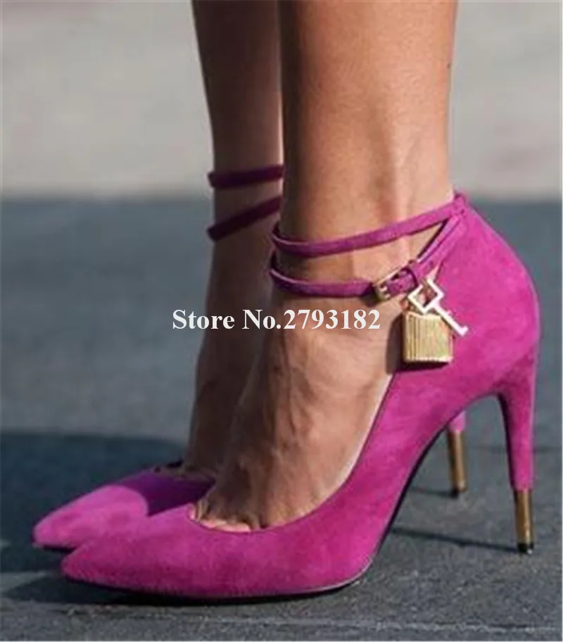 Brand Design Women Fashion Pointed Gold Pattern Leather Lock Pumps Ankle Straps Thin Heel Pink High Heels Dress Shoes | Обувь