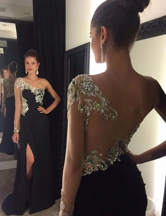 

New Black Beading Chiffon Evening Dresses 2019 One Shoulder Floor Length A-line Prom Dresses Robe de soriee Vestidos