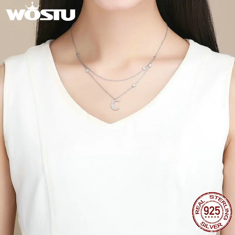 WOSTU Luxury 925 Sterling Silver Moon &amp Stars Pendant Necklaces Adjustable Double Long Chain For Women Fashion Jewelry FNN038 | Украшения