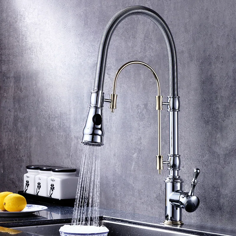 

Kitchen Faucets Chrome and Gold Kitchen Sink Crane Deck Mount Pull Down Dual Sprayer Nozzle Torneira De Cozinha Mixer Water Taps