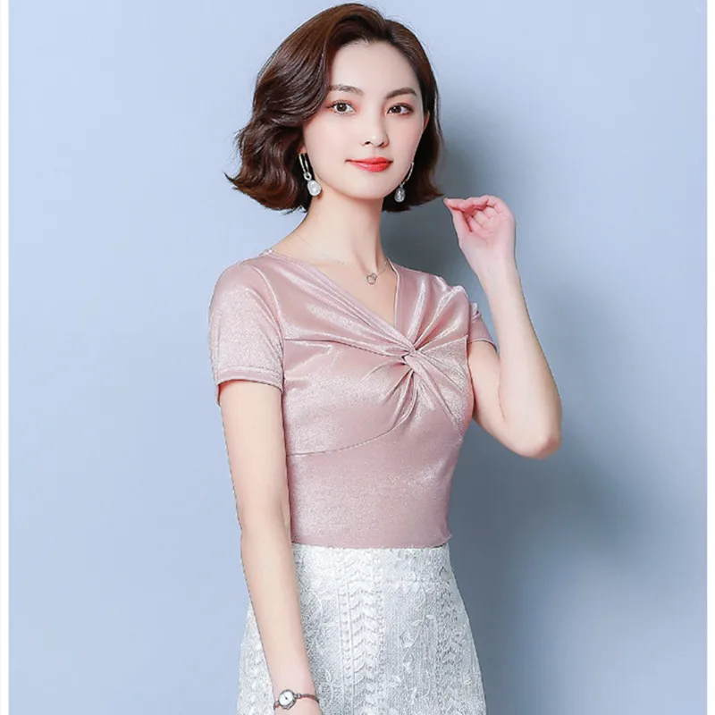 Женская однотонная приталенная рубашка с v-образным вырезом футболка коротким