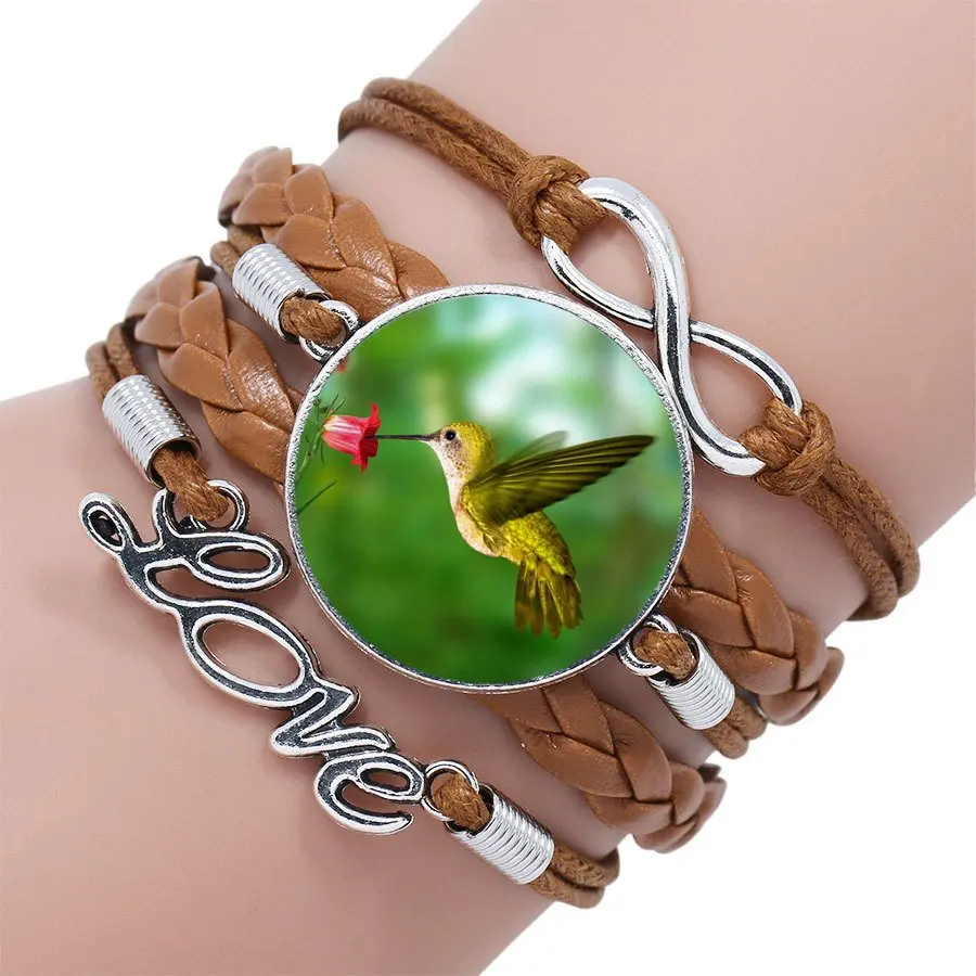 For Women Men Luxury Brand Jewelry Glass Cabochon Multilayer Black/Brown Leather Bracelet Bangle Green Purple Hummingbird | Украшения и
