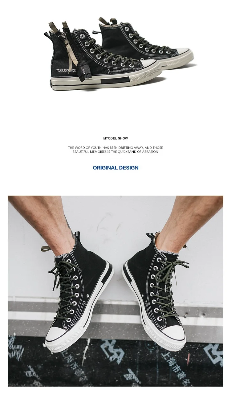 Men High Top Canvas Shoes Lace-up Sneakers Unisex Casual Shoes with Side Zipper Classic Retro Style Black High Quality Female