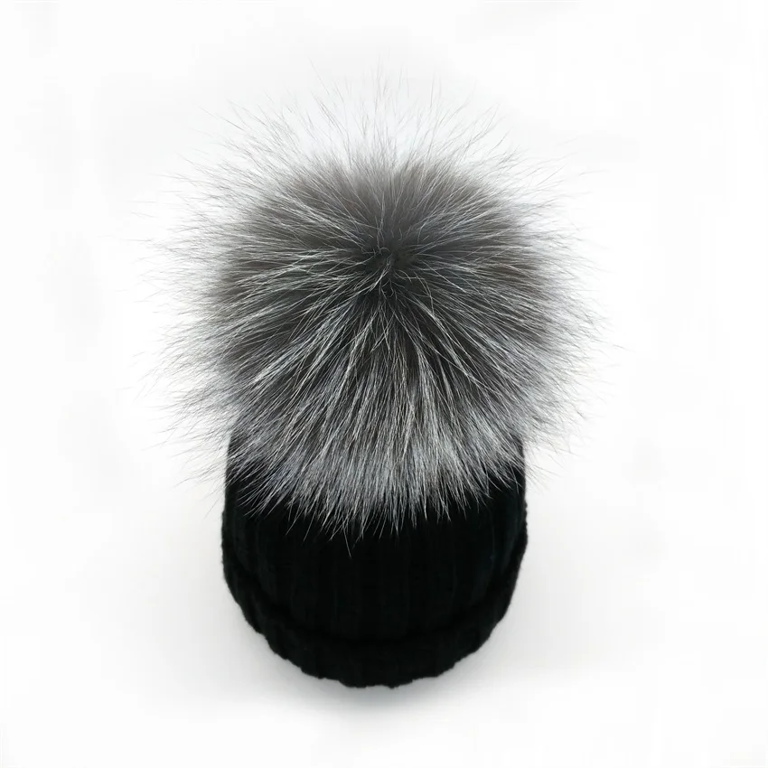black Minhui/Новинка; зимние шапки для детей; Skullies Beanies для девочек; шапка с помпонами из натурального меха серебристой лисы; шапка для девочек; плотная шапка - Цвет: black