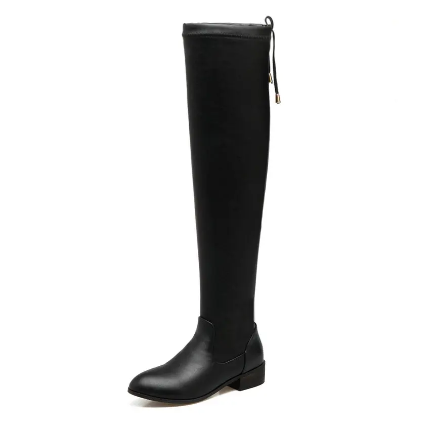 Black pu QUTAA/ г. Женские Сапоги выше колена модные Универсальные женские сапоги из флока на высоком квадратном каблуке с острым носком без застежки размеры 34-43 - Цвет: Black pu
