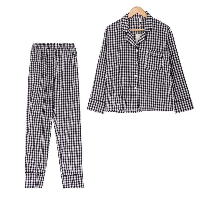 Black plaid Новинка, Женский Пижамный костюм в клетку, желтый, красный, черный, комплект из 2 предметов, Топ с длинным рукавом+ штаны, эластичная резинка на талии, с окантовкой, пижама S7N102 - Цвет: Black plaid