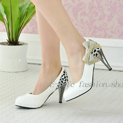 Women Leather Shoes /Lady 2013 Free Shipping fashion patent leather PU bowtie Leopard high heel shoes for women new styl | Обувь