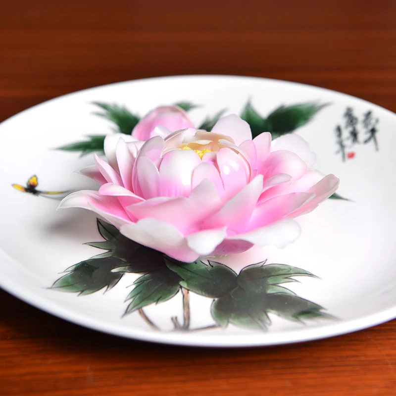 Chinese Style Table Decor Plate 3D Peony Flower Auspicious Ornaments Plates Ceramic Dish / Living Room Crafts Souvenir As Gifts | Дом и сад