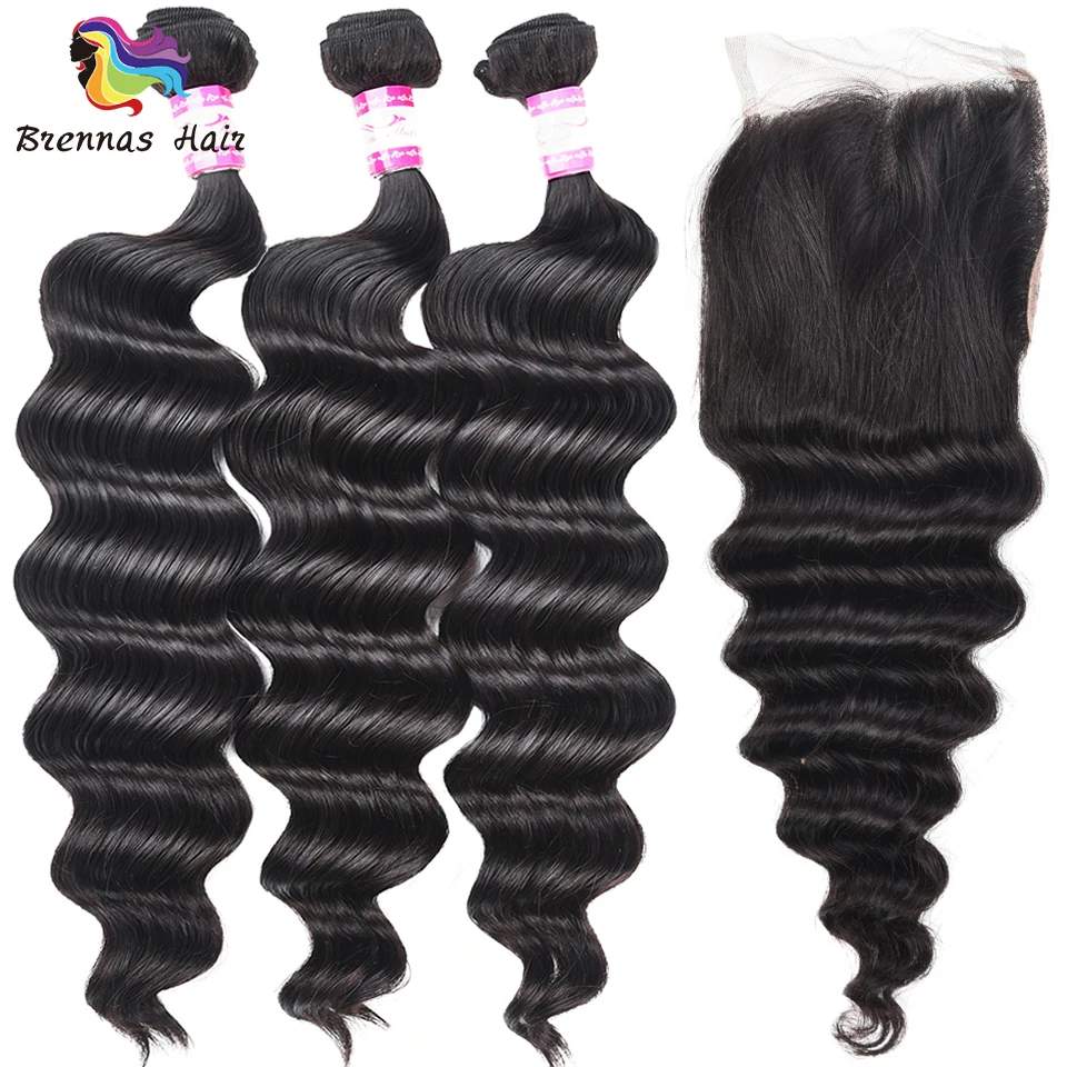 Malaysia Human Remy loose Wave Hair Bundles with lace closure 4pcs/pack natural black color for women machine double weft | Шиньоны и