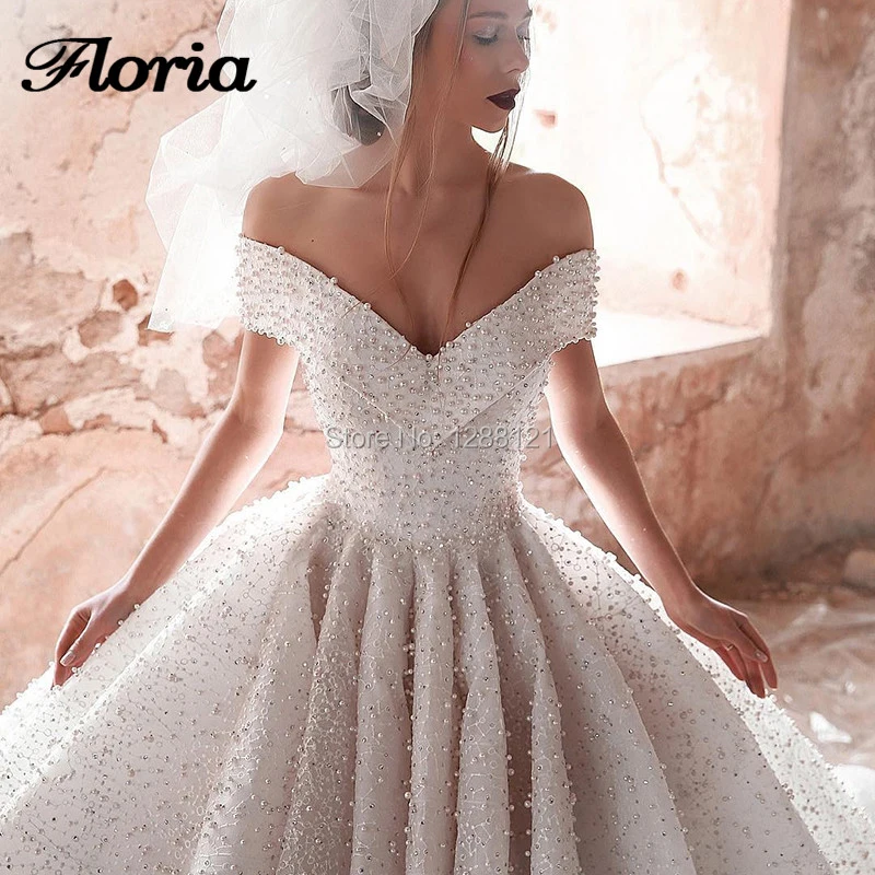 Saudi Arabia Beading Wedding Dresses Pearls Vestidos De Noiva Ball Gowns Luxury off the Shoulder Bridal Gowns Abendkleider 2019