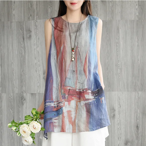 2019 элегантная женская рубашка без рукавов с принтом для отдыха летняя свободная