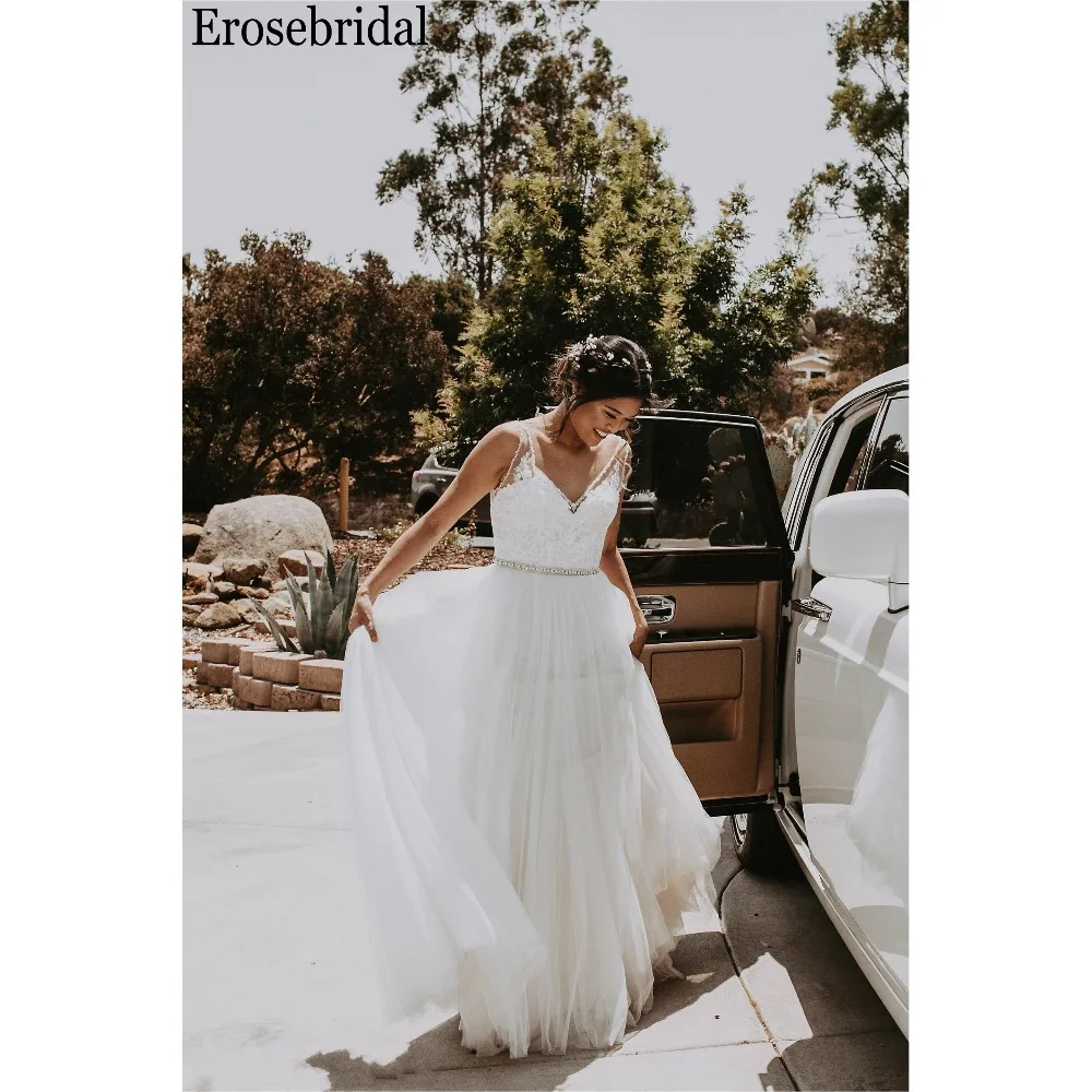 Erosebridal простое свадебное платье Линия бисера V шеи Элегантный пляжное съемный