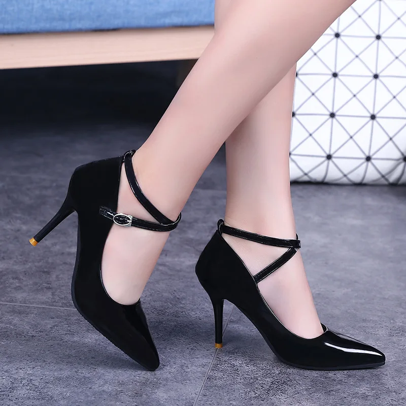 Женская обувь; свадебные женские туфли на высоком каблуке; sapato feminino chaussure femme; пикантные туфли-лодочки на каблуке; sapatos de salto alto; ремешок на щиколотке - Цвет: Черный