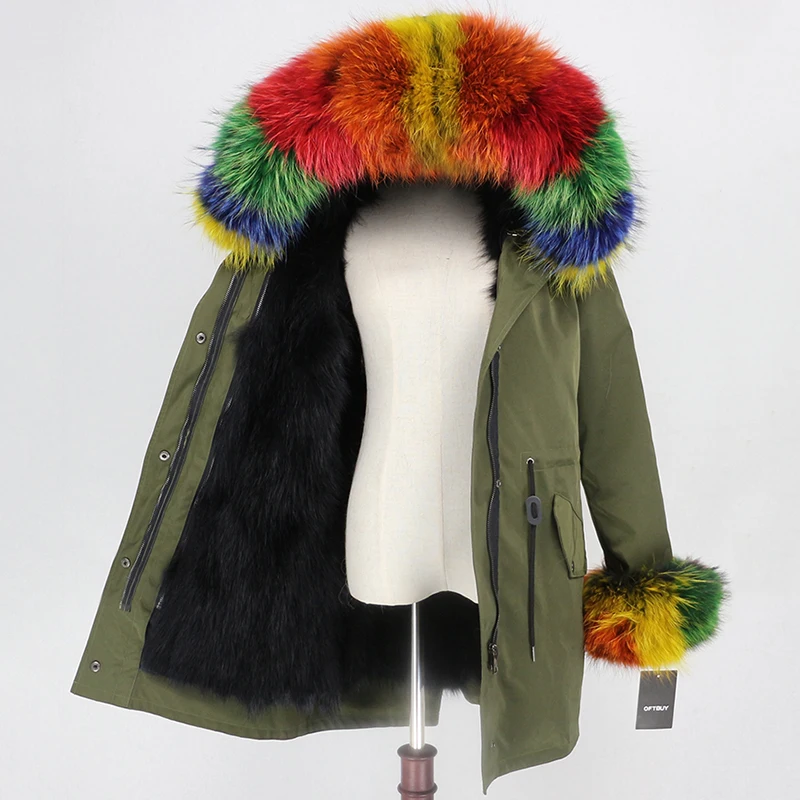green black multi OFTBUY пальто с натуральным мехом енота, капюшон с манжетами, подкладка из лисьего меха, зимняя куртка, Женская длинная парка, водонепроницаемая верхняя одежда, новинка - Цвет: green black multi