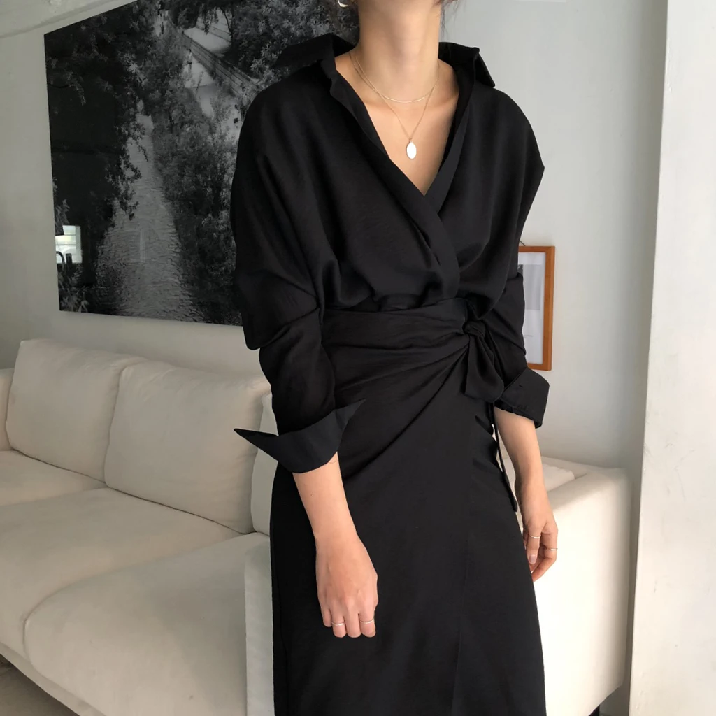 SuperAen, корейский стиль, модное женское платье, однотонный цвет, хлопок, темперамент, женское платье, длинный рукав, v-образный вырез, платье, осень, новинка