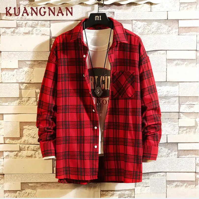 Red KUANGNAN, японский стиль, желтая клетчатая рубашка, Мужская Уличная одежда, мужские рубашки, повседневные, приталенные, винтажные, мужские рубашки с длинным рукавом, XXXL, весна - Цвет: Red