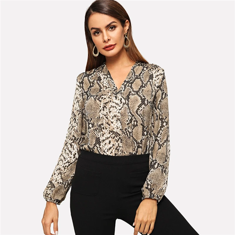 SHEIN Топ С Змеиным Принтом И V-Образным Вырезом Женская Многоцветная Классическая Блузка С Длинными Рукавами