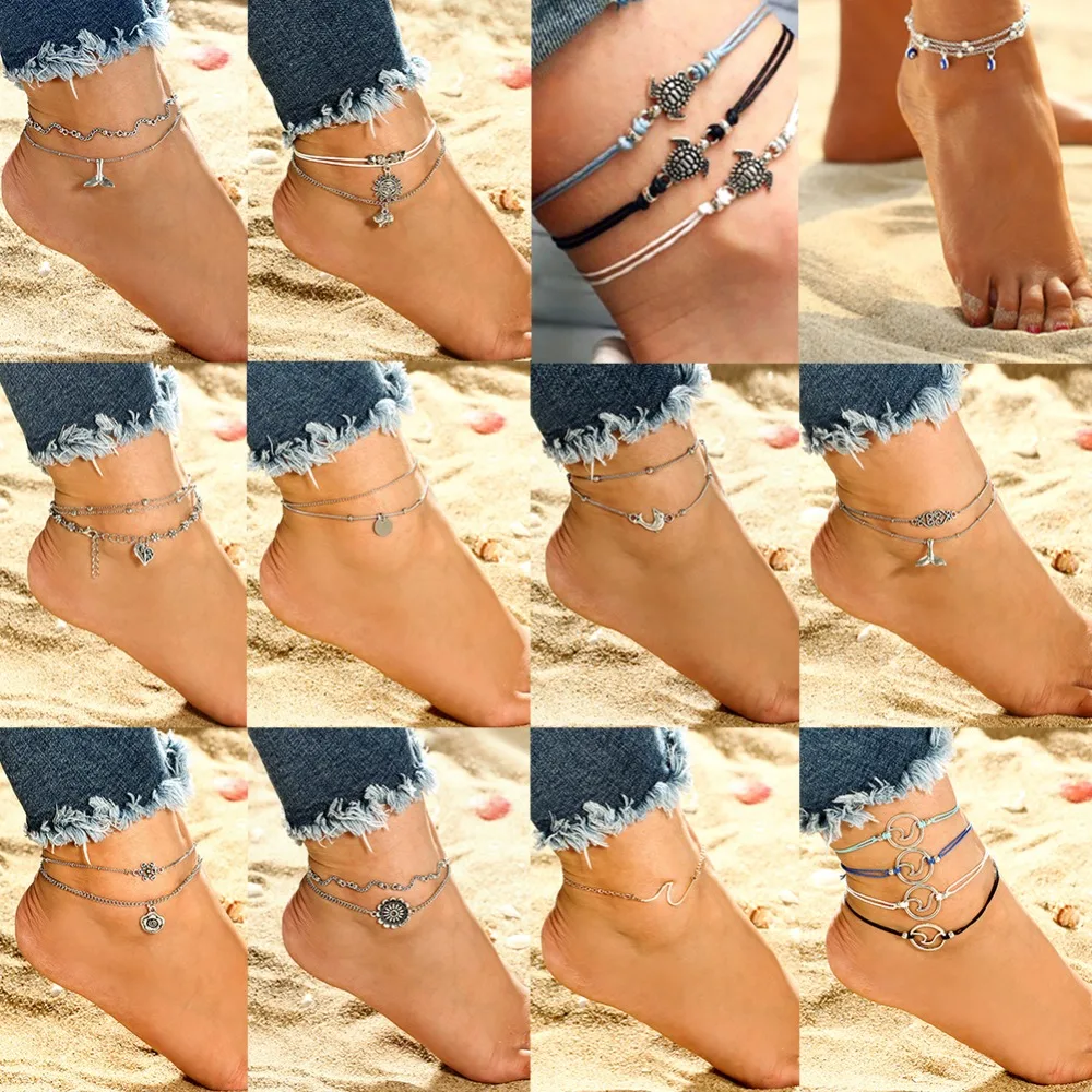 Винтажные Многослойные ножные браслеты для женщин богемная черепаха Русалка