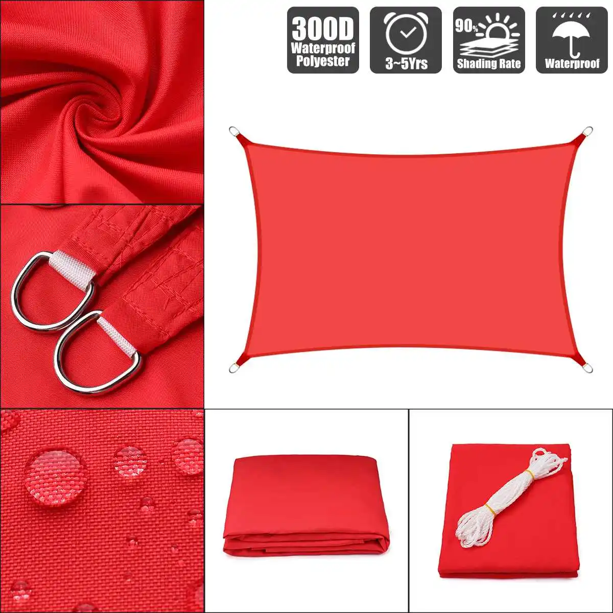 2x3m 300D Waterproof Polyester Awning Sun shading net Sun Shade Sail Outdoor Sun Shelter Bright Red color - Цвет: 2x3m