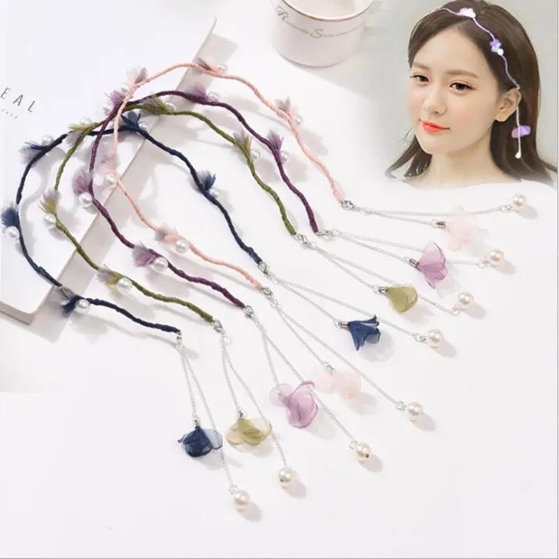 

For Women Girls Tassel Earring Hair Bezel Hairbands Sweet Flowers Pearls Hair Hoop Streamer Pandent Headband Hair Accessories