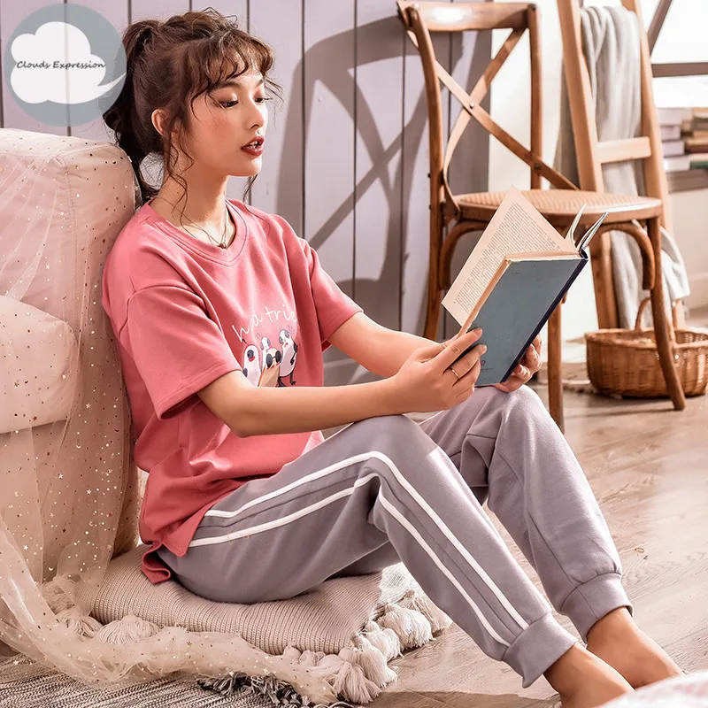 Летний вязаный хлопковый женский пижамный комплект в полоску с героями