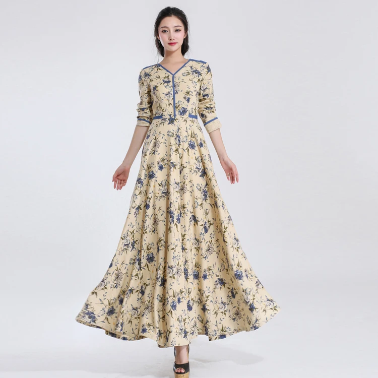 women slim fit long linen dress floral 