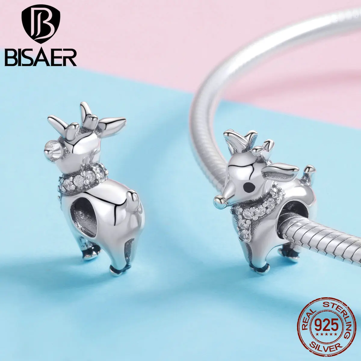BISAER, коллекция животных, 925 пробы, серебро, Рождество, лось, олень, подвески, бусины в виде животных, подходят для 925 серебряных ювелирных изделий ECC1003