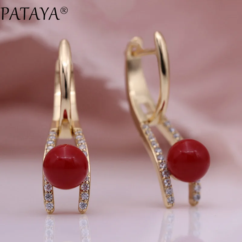 Coral Red PATAYA, новинка, Красивые турецкие серьги-капли с голубым жемчугом 585, розовое золото, модные ювелирные изделия, белые круглые уникальные серьги с натуральным цирконием - Окраска металла: Coral Red