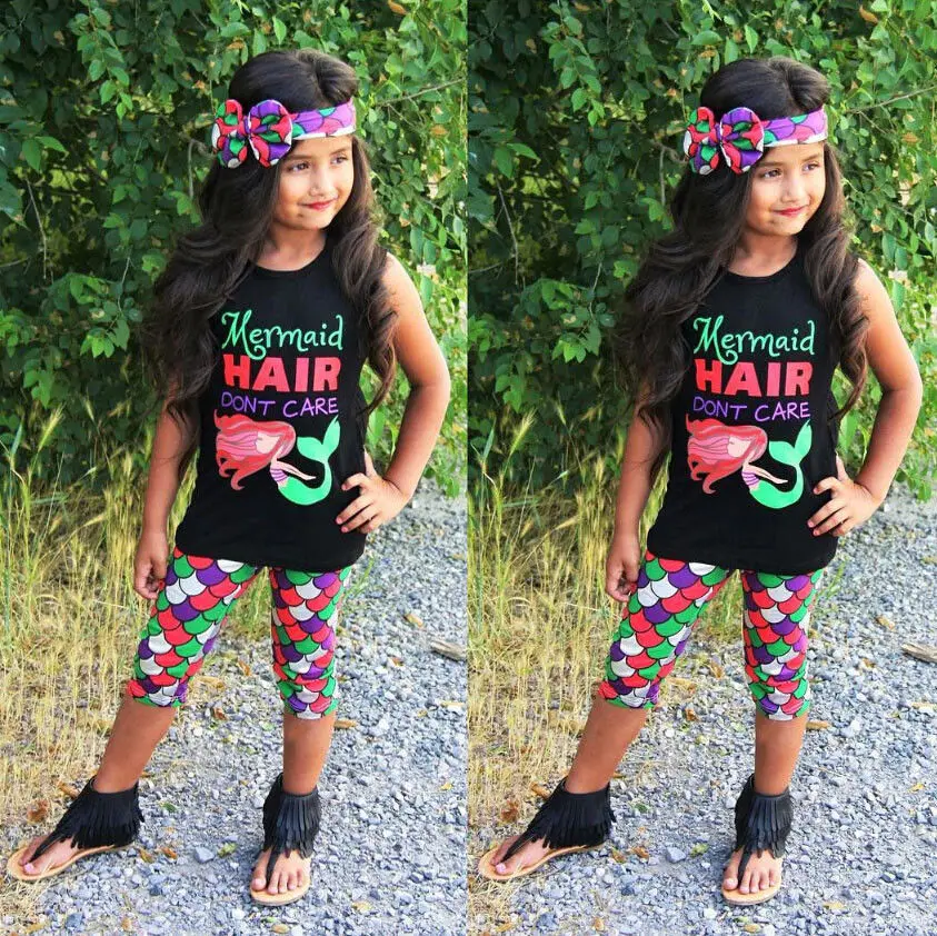Комплект из 3 предметов Детская футболка без рукавов с русалочкой для маленьких