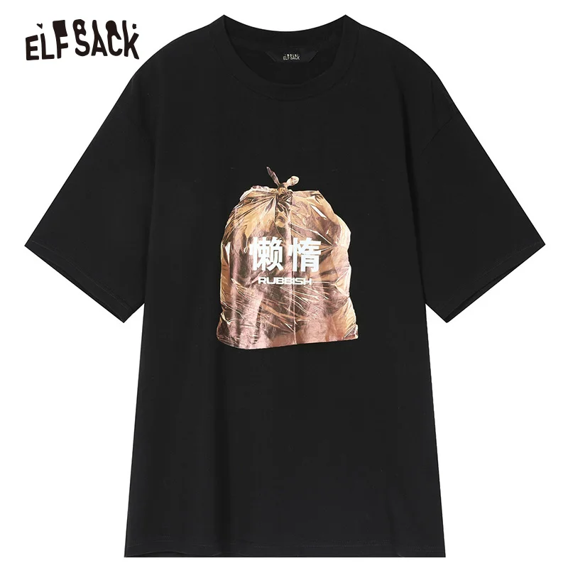 Black ELF SACK/черные хлопковые женские футболки с круглым вырезом и принтом, модные корейские женские топы оверсайз, летняя Уличная Повседневная женская футболка - Color: Black