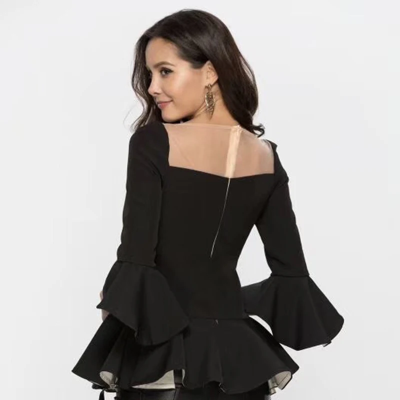 OXANT Women's Shirt Haute Couture Slim Black Flared Sleeve Flounce Blouse for Women Tops Plus Size | Женская одежда