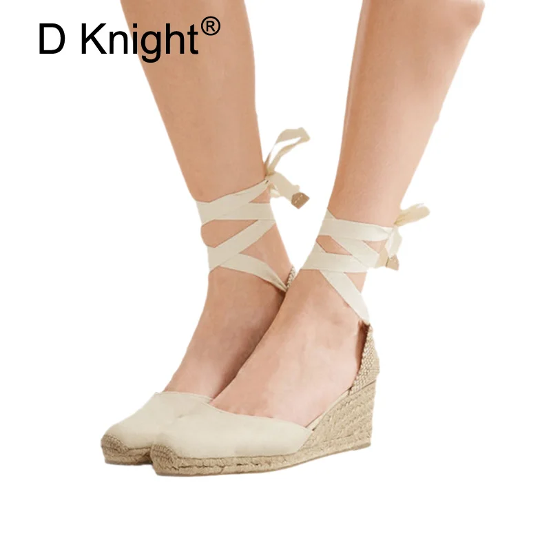 Женские сандалии в рыбацком стиле на шнуровке с Соломенной Плетеной тесьмой