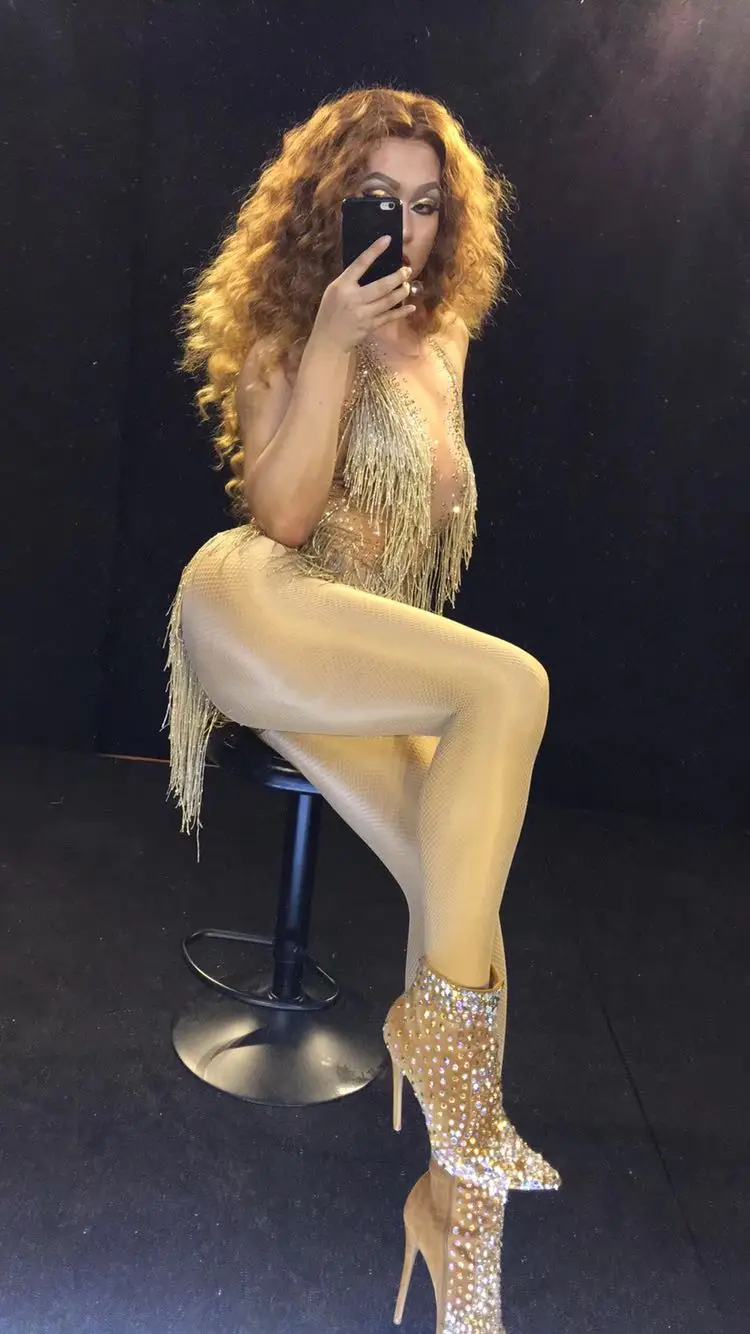 Glisten Beads Costumes Women One-piece Dance Wear Singer Stage Leotard Headdress Sparkly Gold Tassel Bodysuit Rhinestones Outfit |