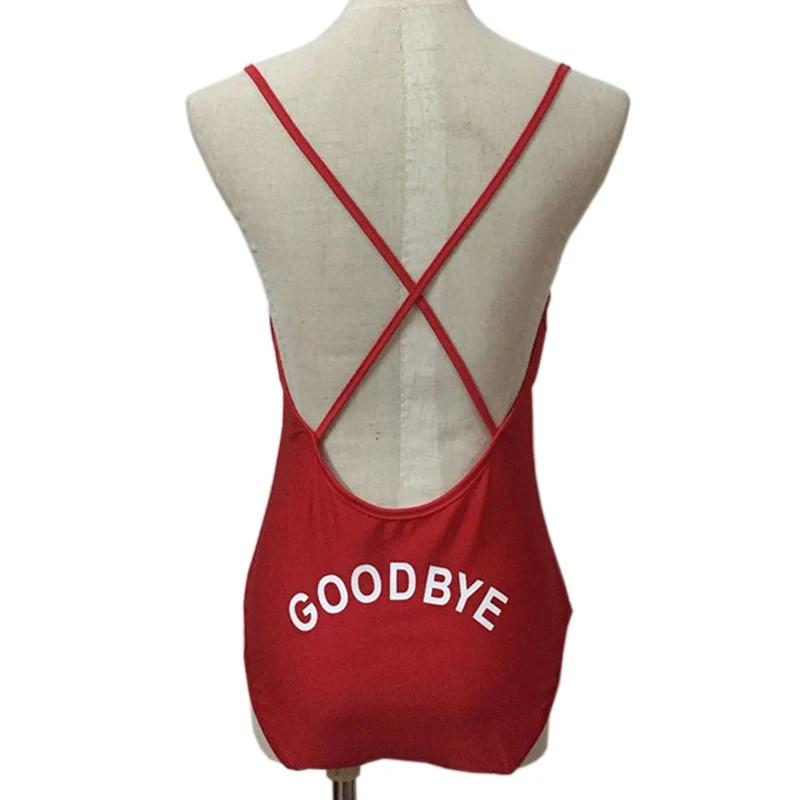 Купальник женский с открытой спинкой красный принтом в виде букв Hello Goodbye пляжная