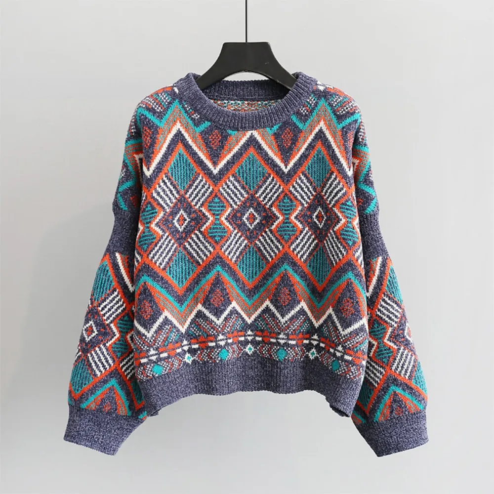 Korean Fashion Casual Knitted Sweater Female Geometric Print Best Selling Autumn Knit Top Winter Pullover Bottoming Women Jumper | Женская