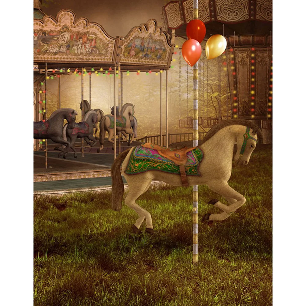 

Vinyl Carousel Backdrop for Photography Printed Red Gold Balloons Amusement Park Baby Kids Children Photo Shoot Backgrounds