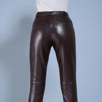 brown B S-4XL г. Новые брюки из овечьей кожи женские корейские модные кожаные брюки больших размеров узкие брюки - Цвет: brown B