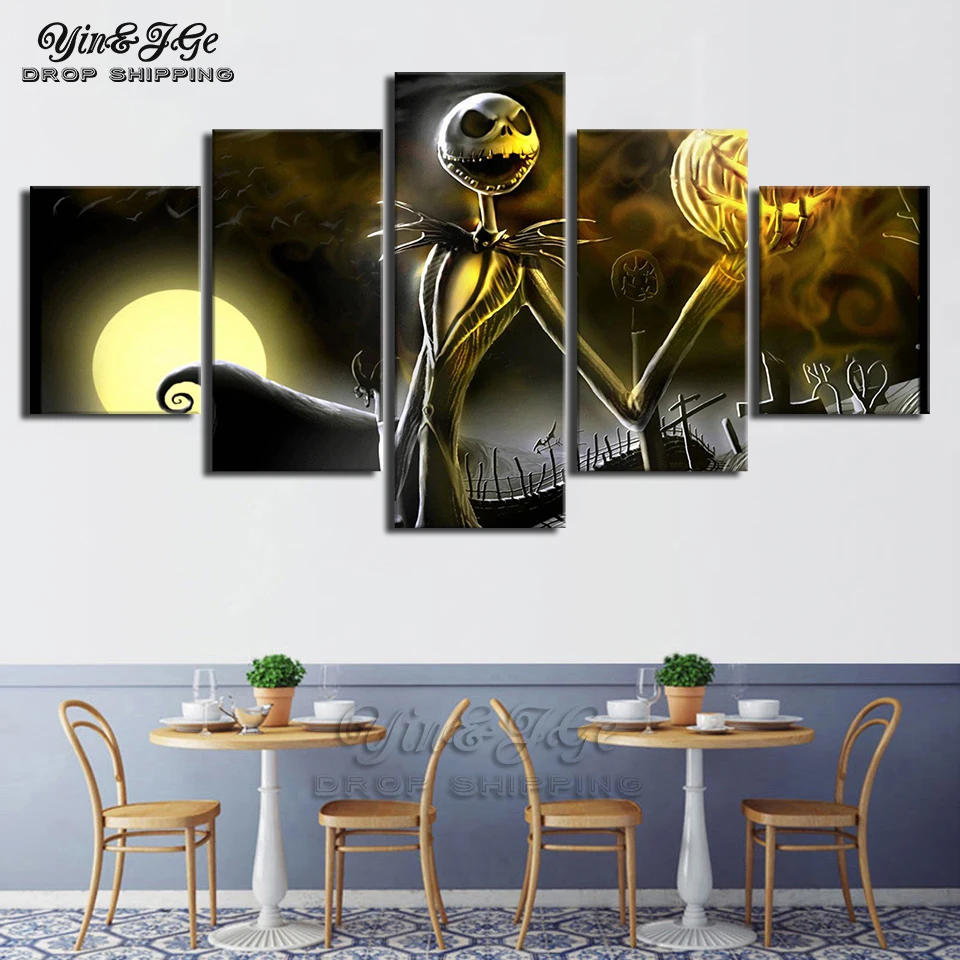 Home Decor Wall Canvas Painting 5 Pieces Nightmare Before Christmas Poster HD Prints For Kids Room Modular Picture Frame Artwork | Дом и сад