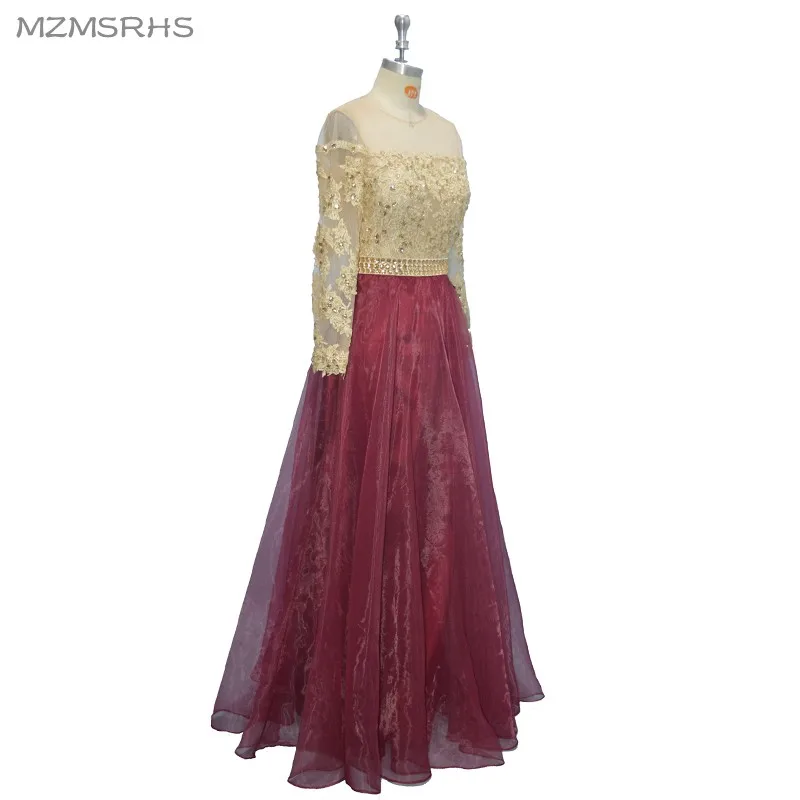 Элегантное вечернее платье с длинным рукавом золотистые Аппликации Украшенные