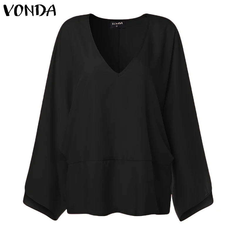 VONDA, модная блузка, рубашки для женщин, весна, сексуальный v-образный вырез, длинный рукав, топы, блузка размера плюс, повседневные свободные блузы, OL рубашка, S-5XL - Цвет: Black