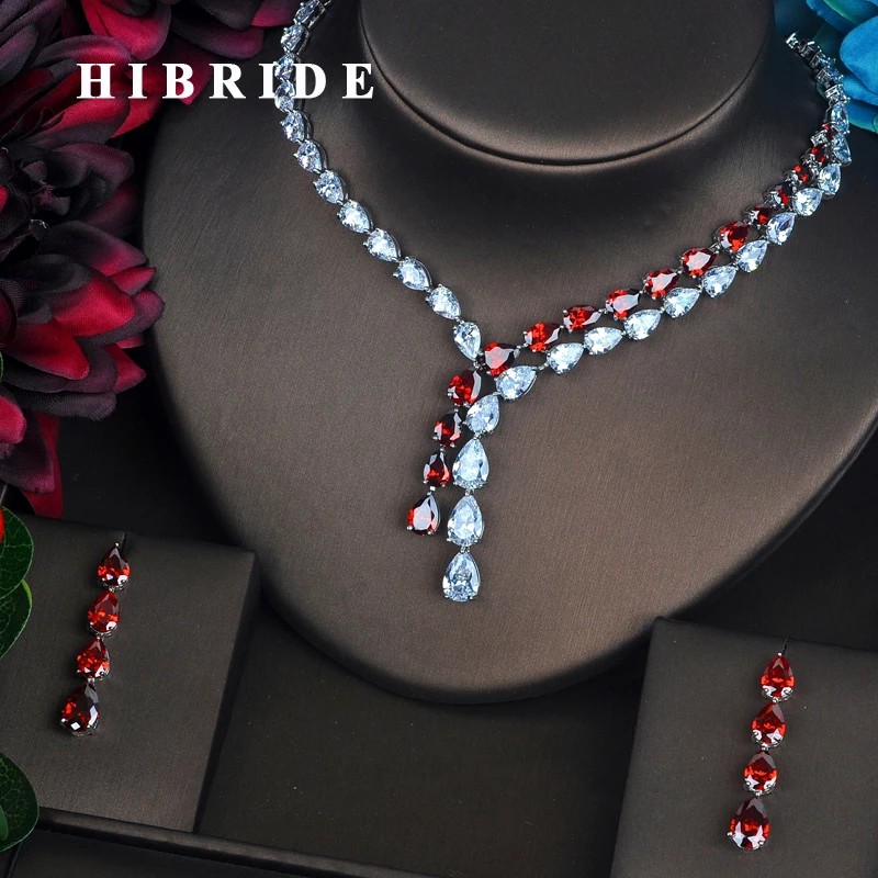 

HIBRIDE Brilliant Red Water Drop Full Cubic Zirconia Jewelry Sets For Women Bride Necklace Set Wedding Accessories Gifts N-425