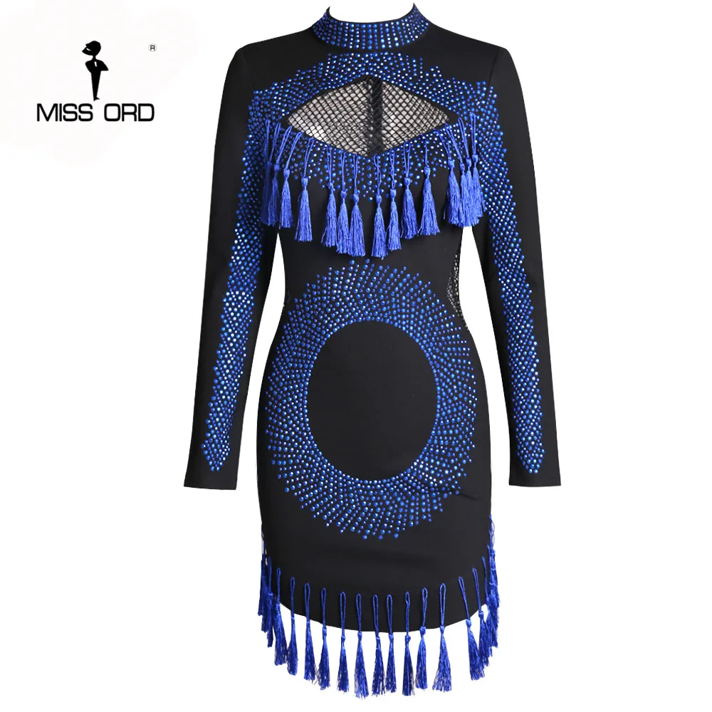 Missord 2020 сексуальное платье с круглым вырезом стразы кисточки длинными рукавами