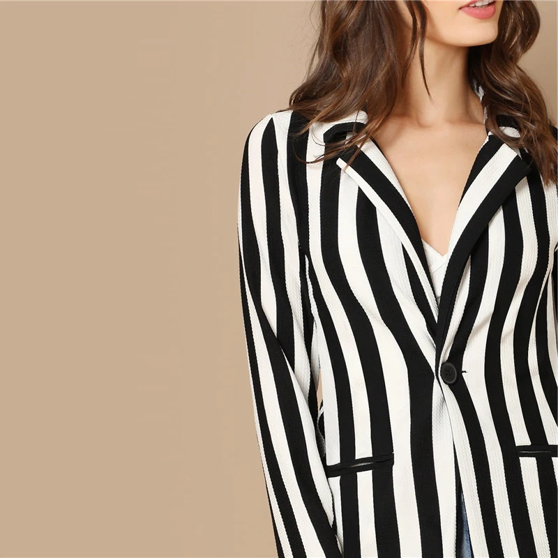SHEIN Стильный Полосатый Блейзер Женский Осенний Повседневный Блейзер С Длинными Рукавами И Карманами