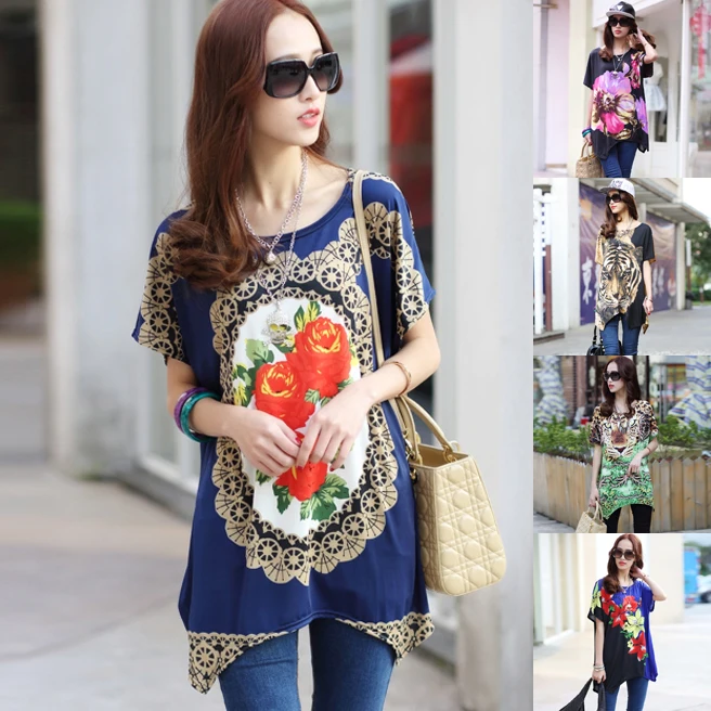 Женская Асимметричная туника с коротким рукавом свободная длинная футболка